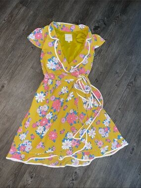 MODCLOTH Mustard Yellow Floral Wrap Dress with Pink & White Flowers